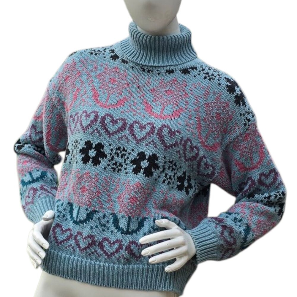 Vintage 80's  90's PARIS SPORTS CLUB Heart Pattern Turtleneck Sweater sz S